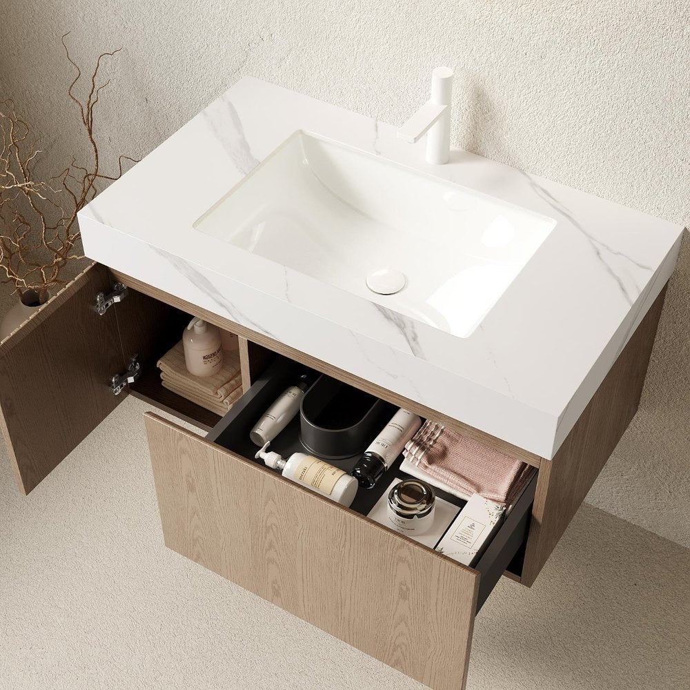 36" Brown Wood Floating Single Door Bathroom Vanity With White Sink