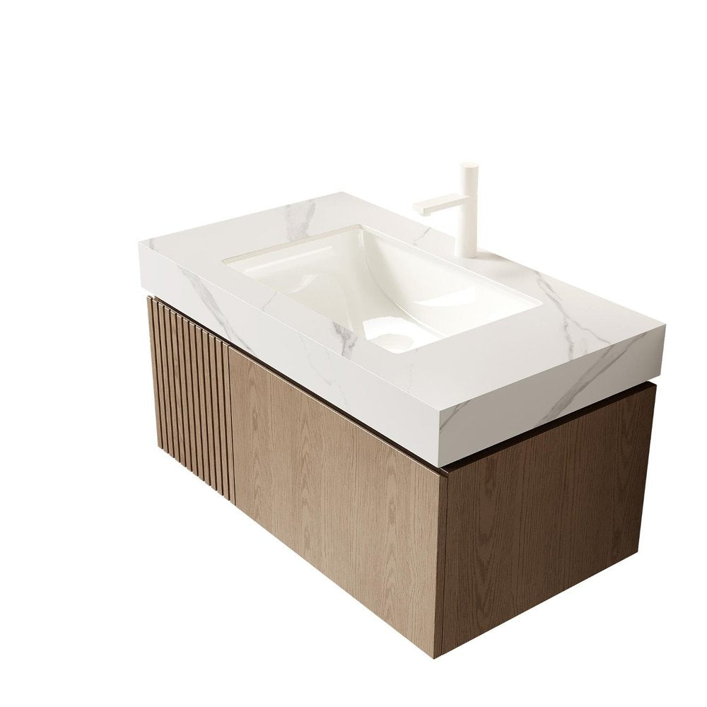 36" Brown Wood Floating Single Door Bathroom Vanity With White Sink