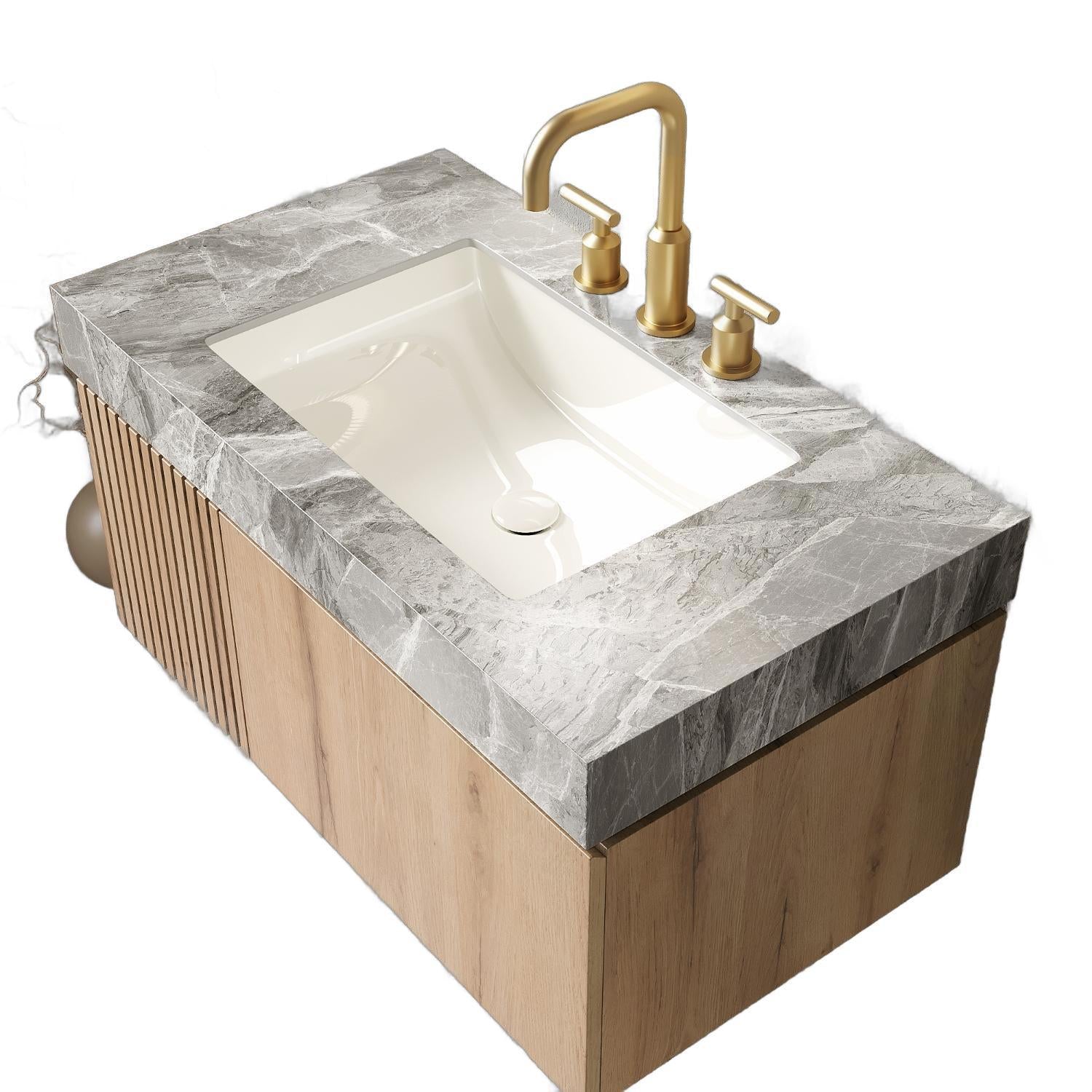 36" Brown Wood Floating Single Door Bathroom Vanity With White Sink
