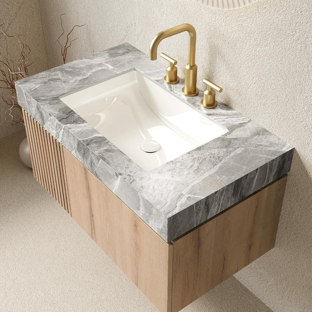 36" Brown Wood Floating Single Door Bathroom Vanity With White Sink