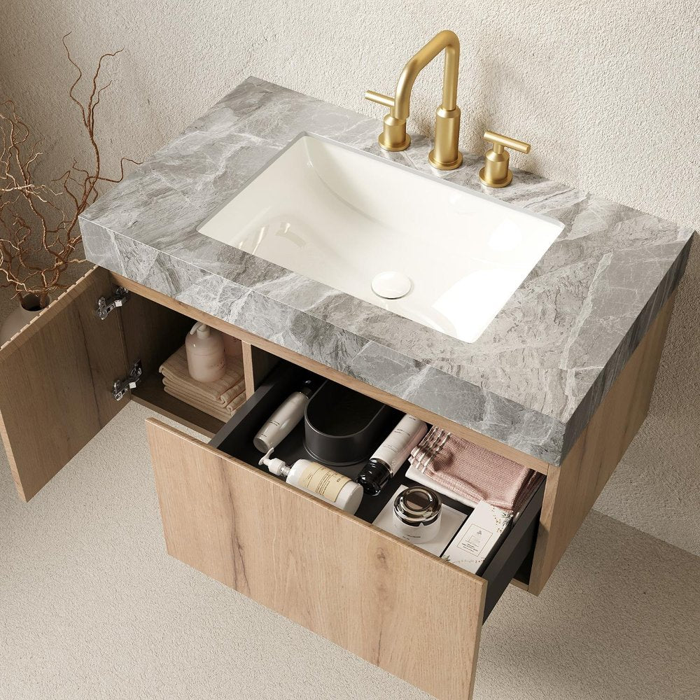 36" Brown Wood Floating Single Door Bathroom Vanity With White Sink