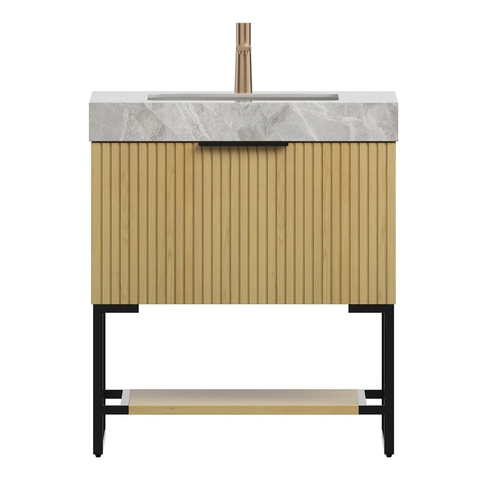 30" Brown Wood Freestanding Bathroom Vanity With White Sink