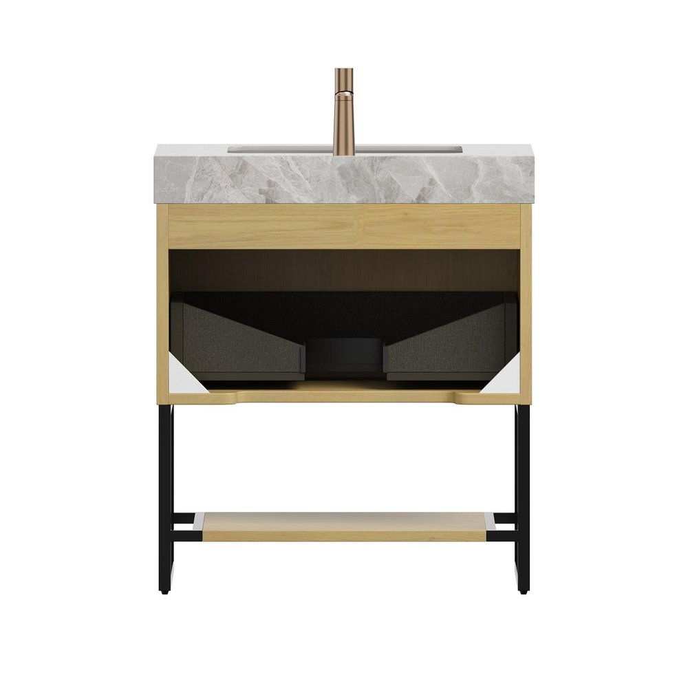 30" Brown Wood Freestanding Bathroom Vanity With White Sink