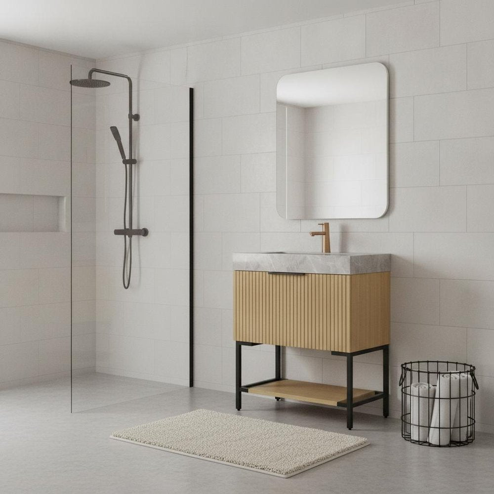 30" Brown Wood Freestanding Bathroom Vanity With White Sink