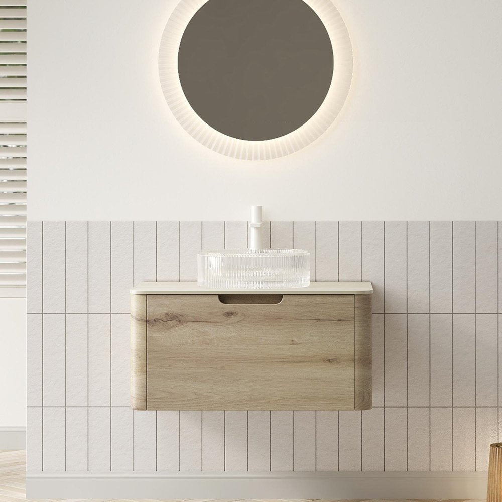 30" Brown Wood Floating Bathroom Vanity With White Sink