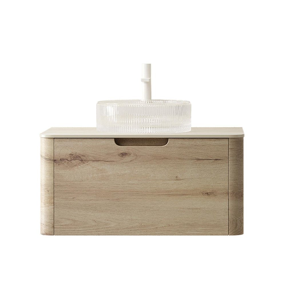 30" Brown Wood Floating Bathroom Vanity With White Sink