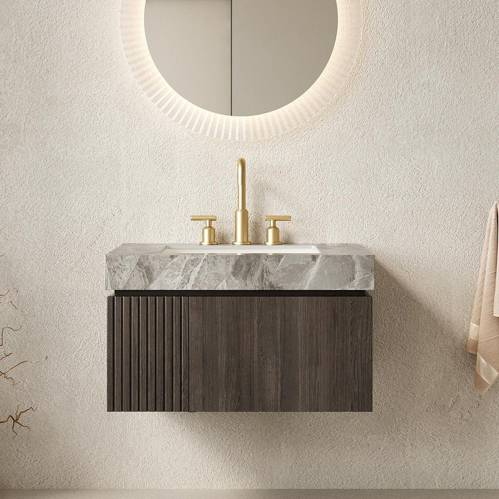 30" Black Wood Floating Single Door Bathroom Vanity With White Sink