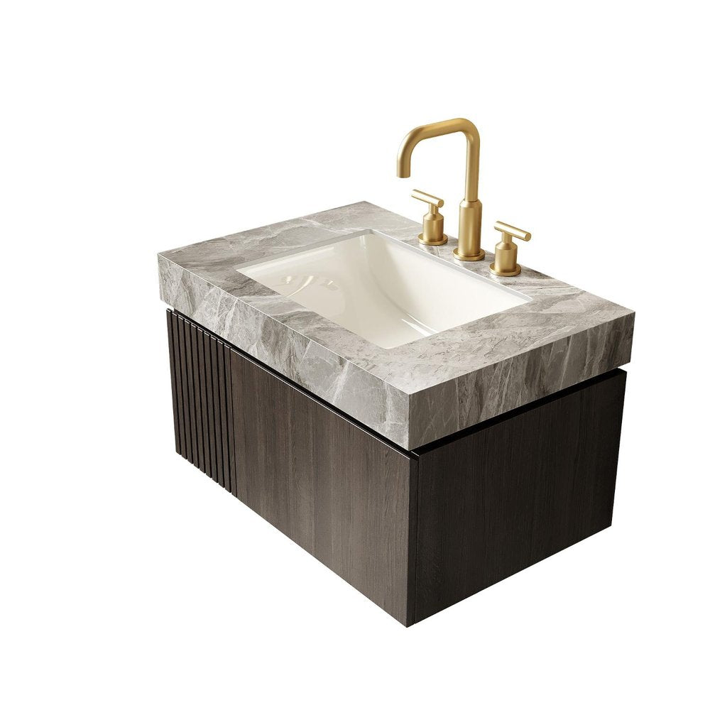 30" Black Wood Floating Single Door Bathroom Vanity With White Sink