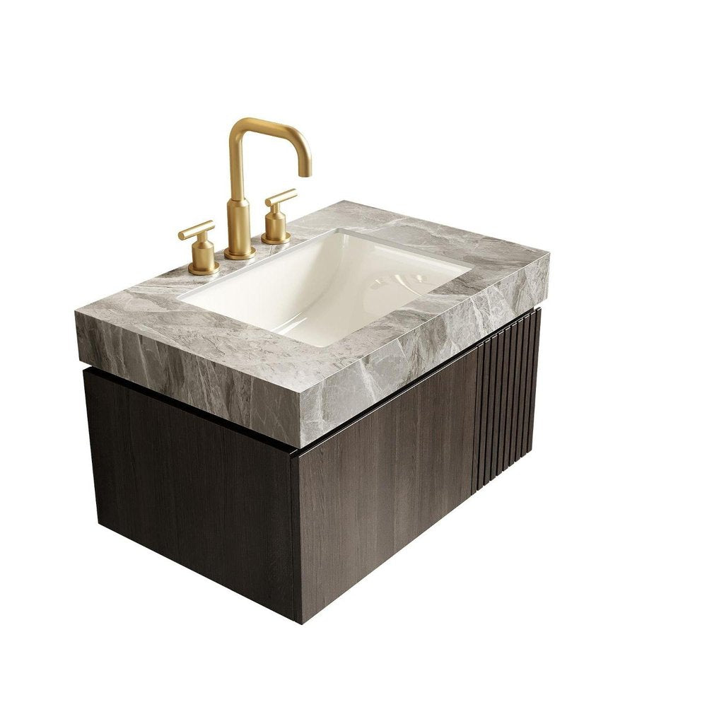 30" Black Wood Floating Single Door Bathroom Vanity With White Sink
