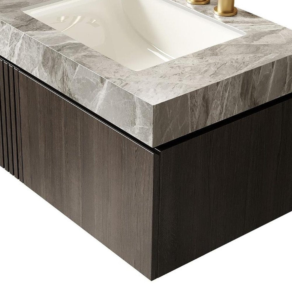30" Black Wood Floating Single Door Bathroom Vanity With White Sink