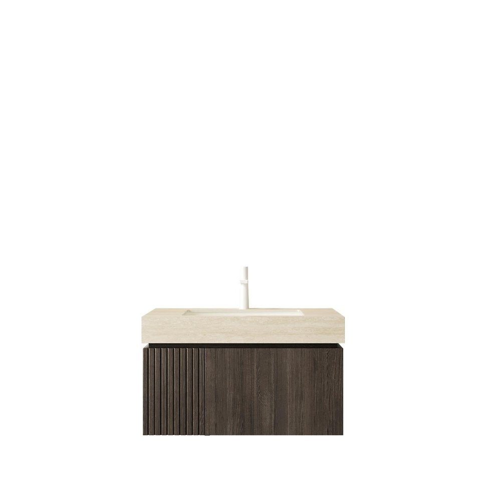 30" Black Wood Floating Bathroom Vanity With White Sink