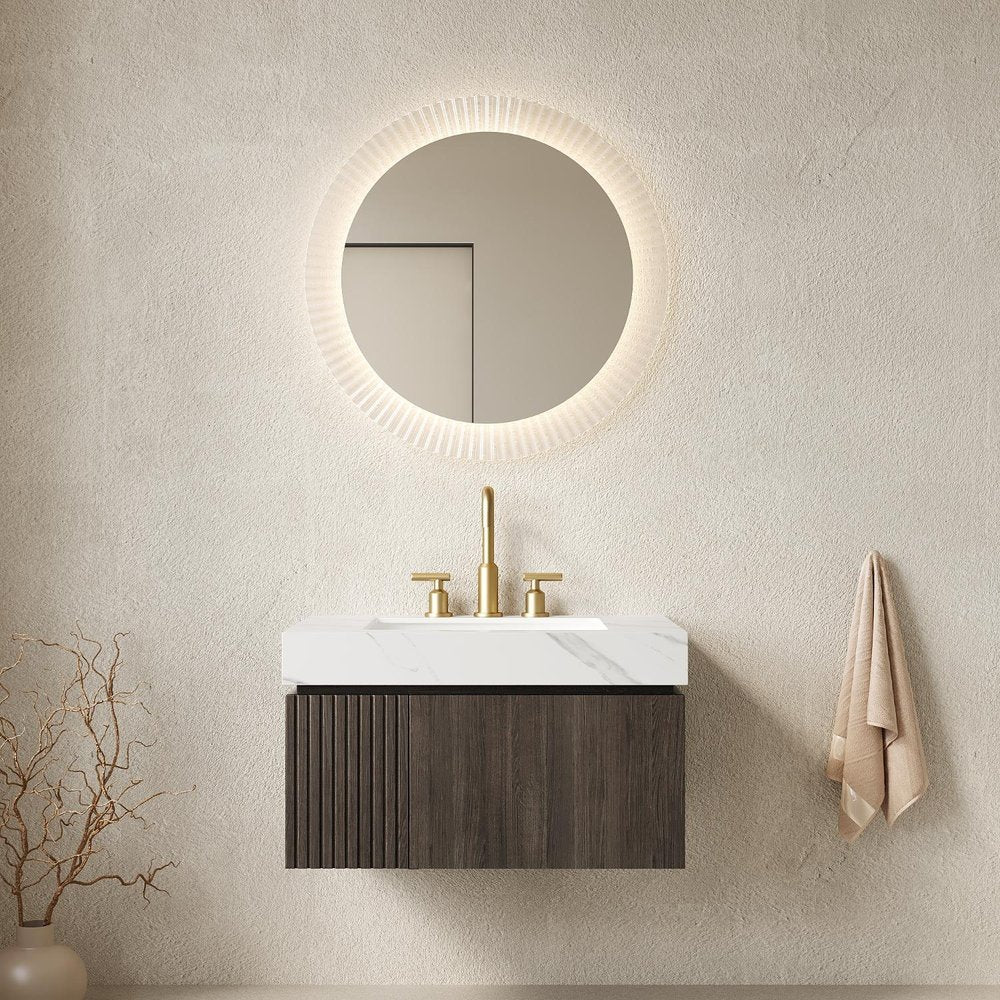 30" Black Wood Floating Single Door Bathroom Vanity With White Sink