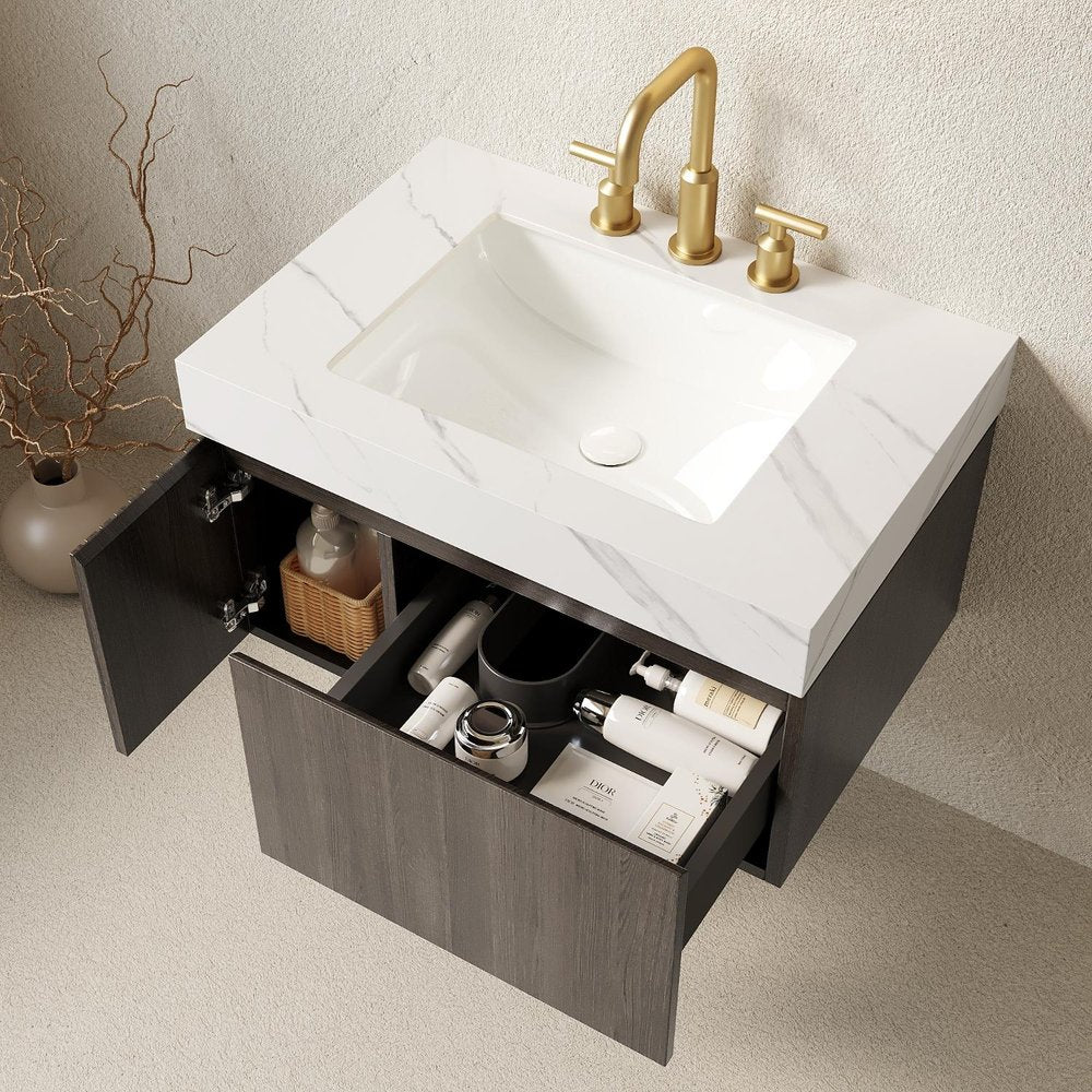 30" Black Wood Floating Single Door Bathroom Vanity With White Sink