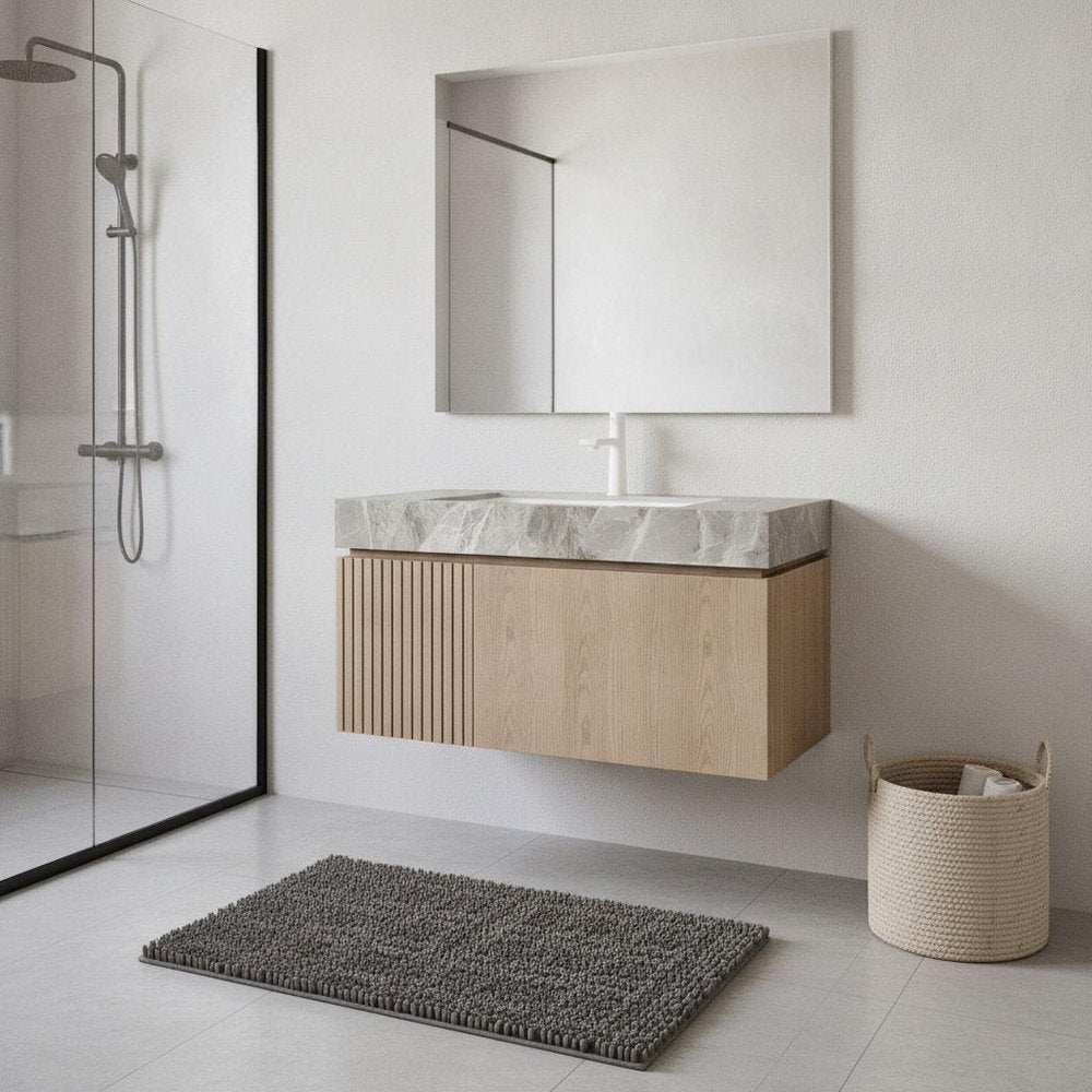 36" Brown Wood Floating Single Door Bathroom Vanity With White Sink