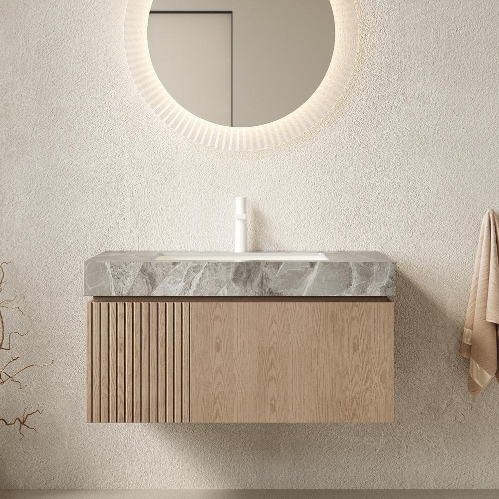 36" Brown Wood Floating Single Door Bathroom Vanity With White Sink