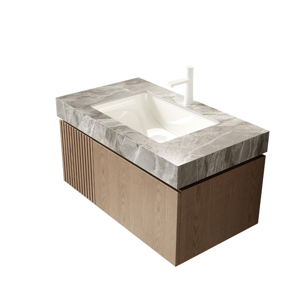 36" Brown Wood Floating Single Door Bathroom Vanity With White Sink
