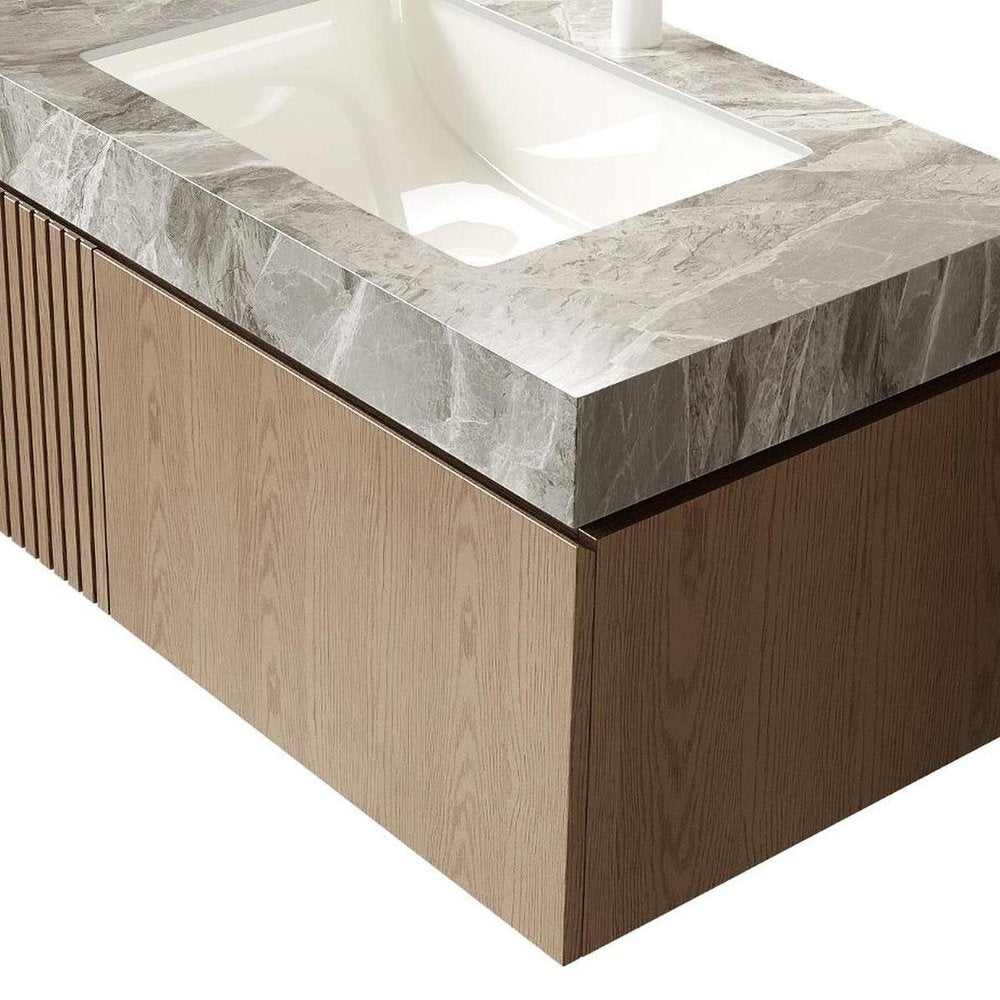 36" Brown Wood Floating Single Door Bathroom Vanity With White Sink