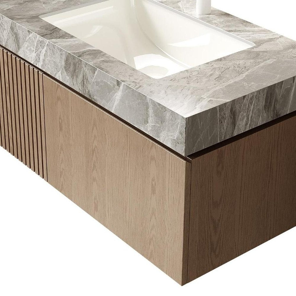 36" Brown Wood Floating Single Door Bathroom Vanity With White Sink