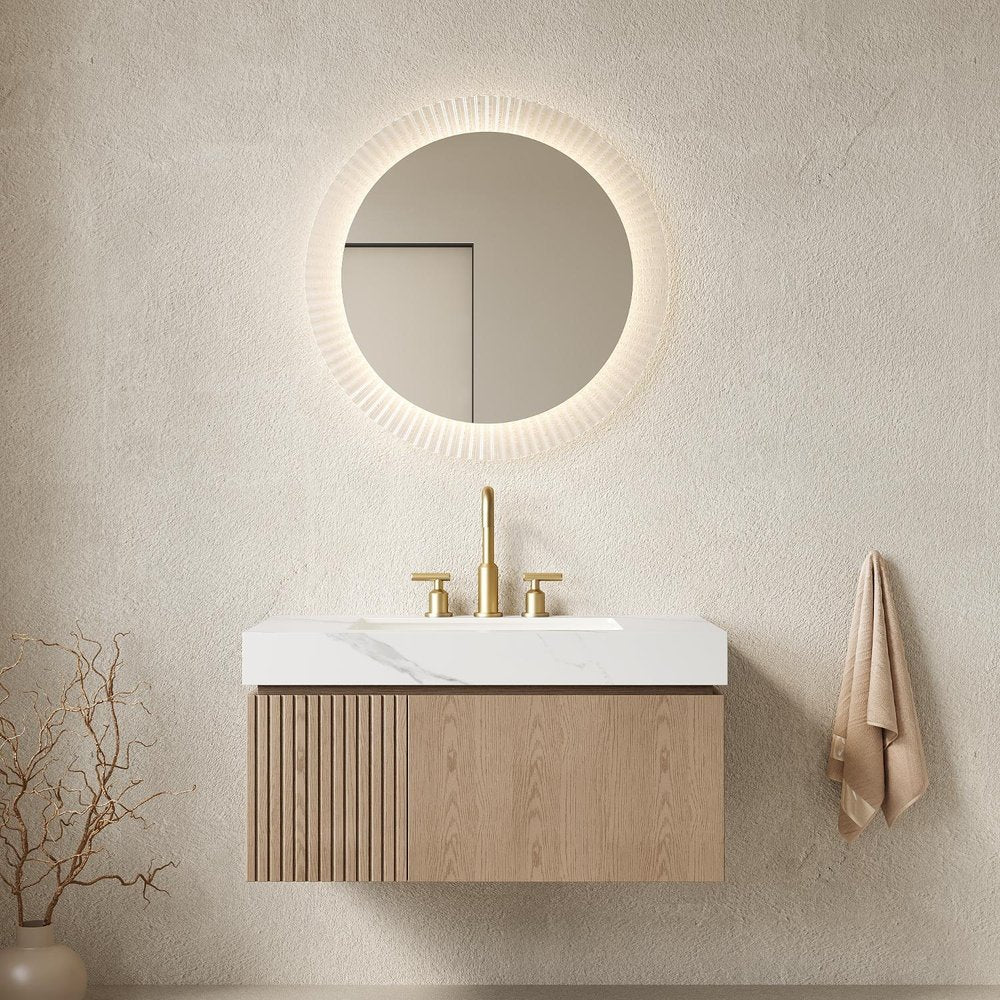 36" Brown Wood Floating Single Door Bathroom Vanity With White Sink