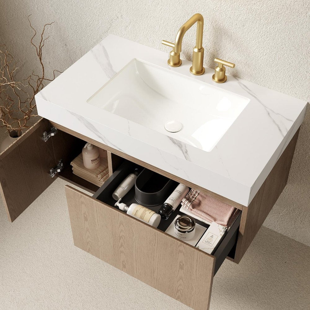 36" Brown Wood Floating Single Door Bathroom Vanity With White Sink