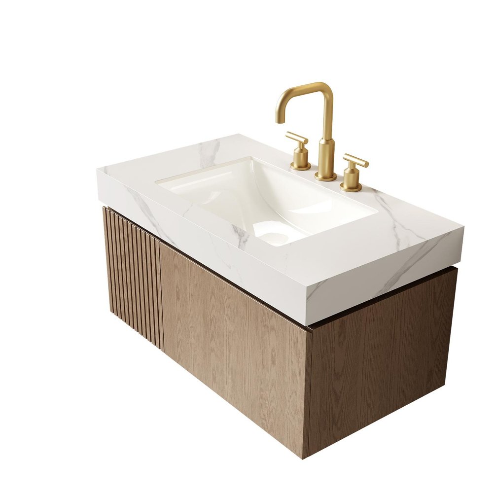 36" Brown Wood Floating Single Door Bathroom Vanity With White Sink