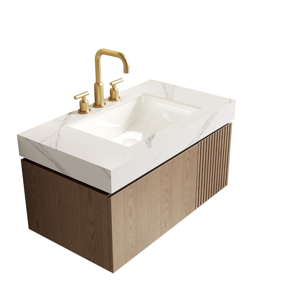 36" Brown Wood Floating Single Door Bathroom Vanity With White Sink