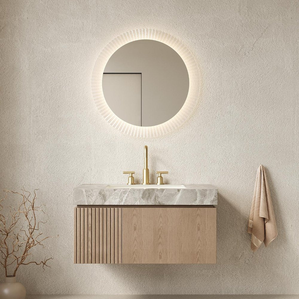 36" Brown Wood Floating Single Door Bathroom Vanity With White Sink