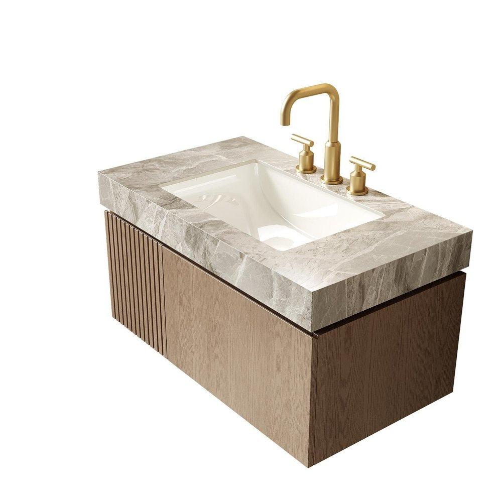 36" Brown Wood Floating Single Door Bathroom Vanity With White Sink
