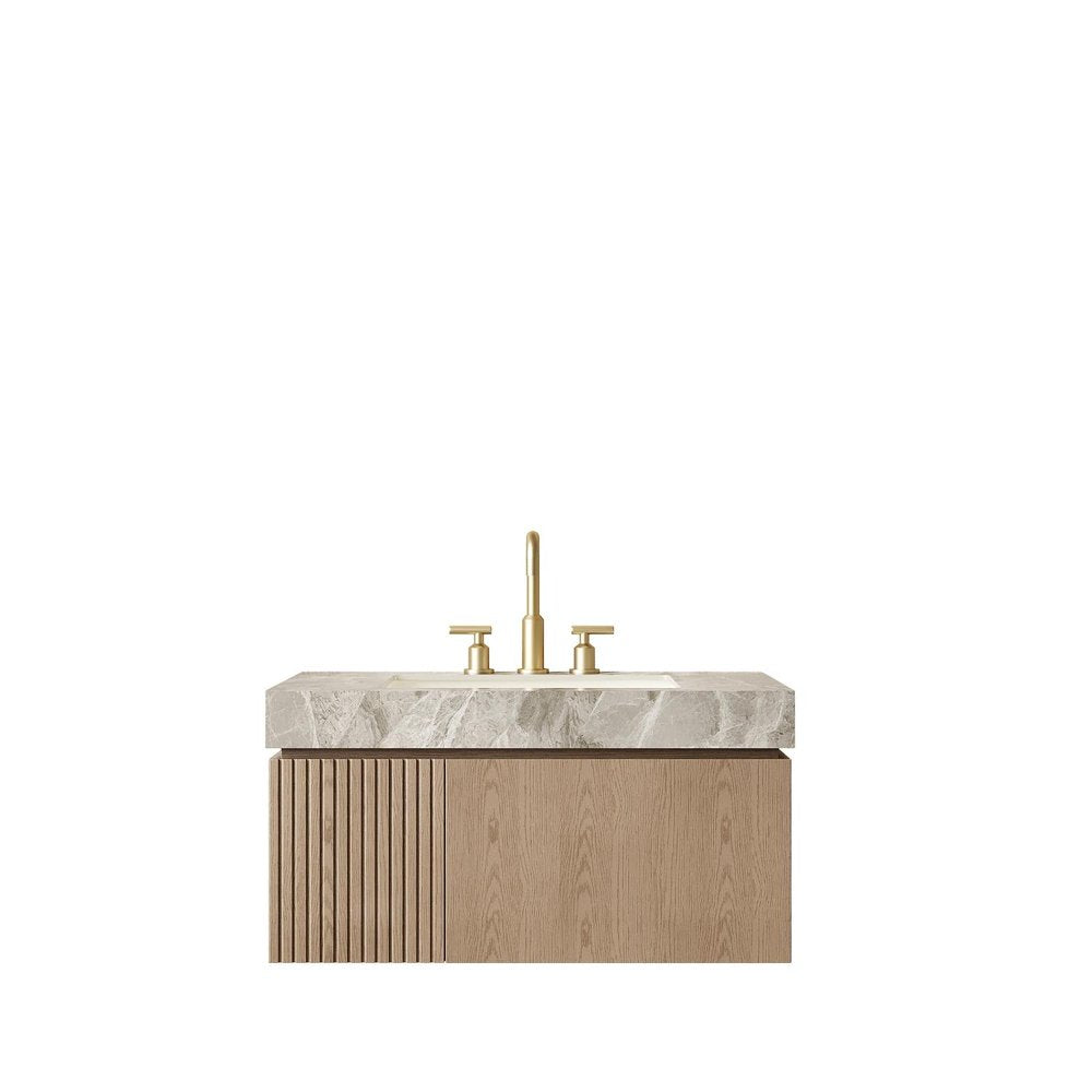 36" Brown Wood Floating Single Door Bathroom Vanity With White Sink