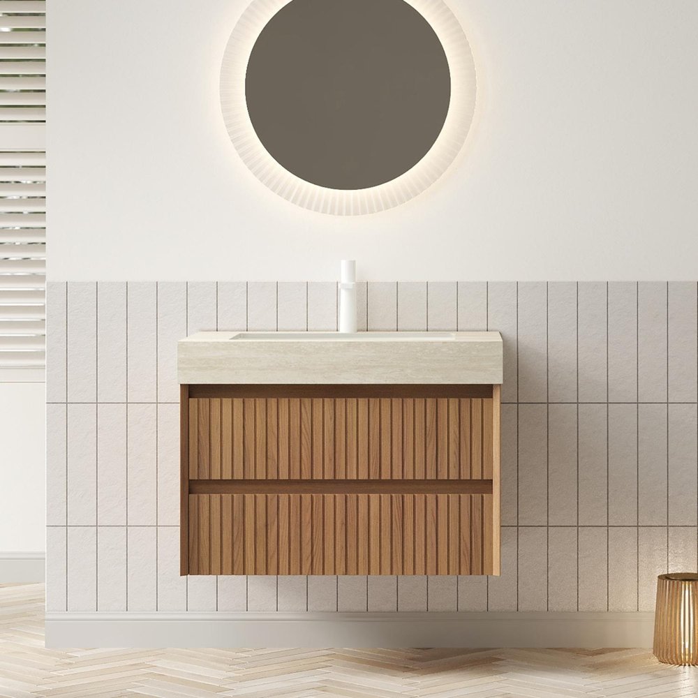 30" Brown Wood Floating Bathroom Vanity With White Sink And Two Drawers