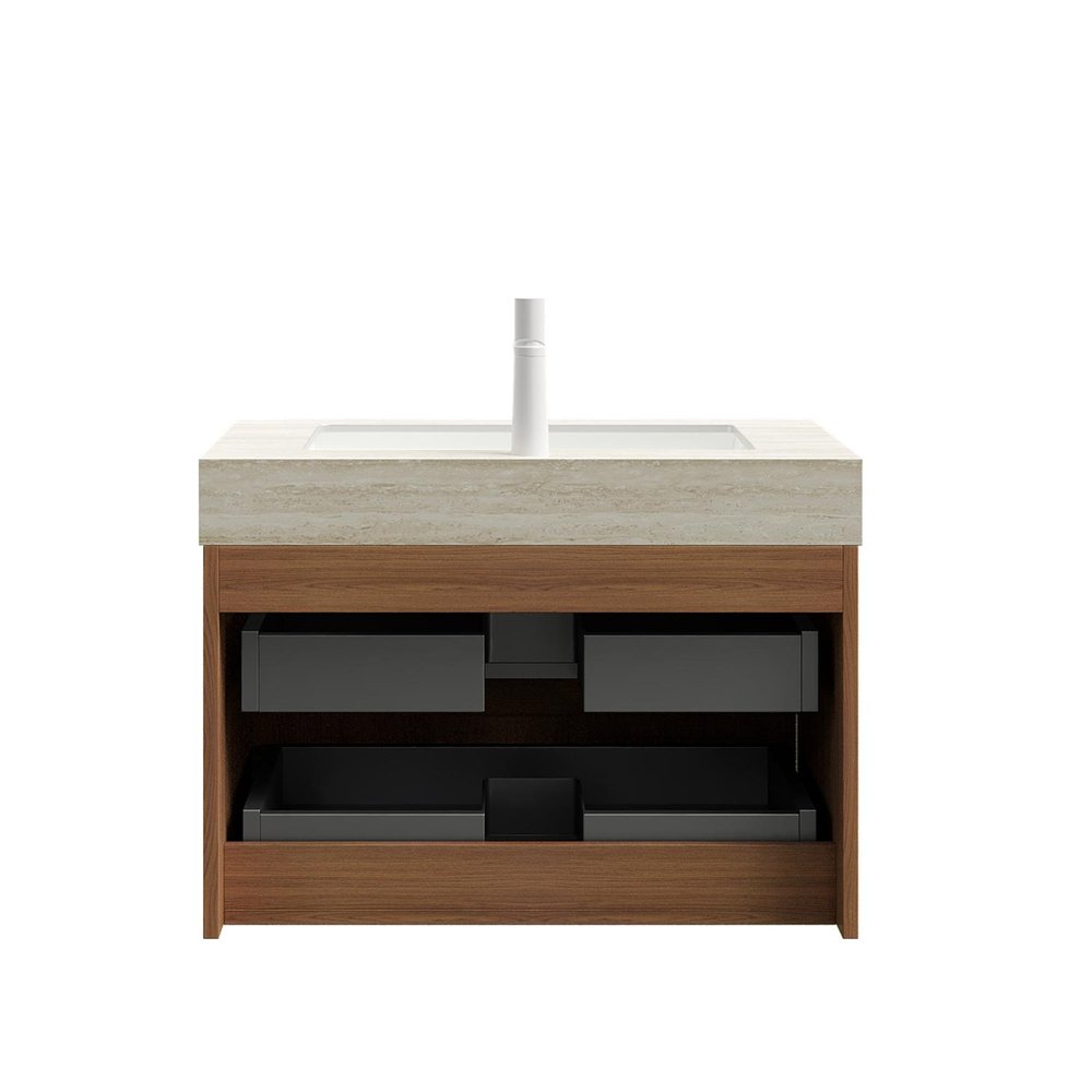 30" Brown Wood Floating Bathroom Vanity With White Sink And Two Drawers