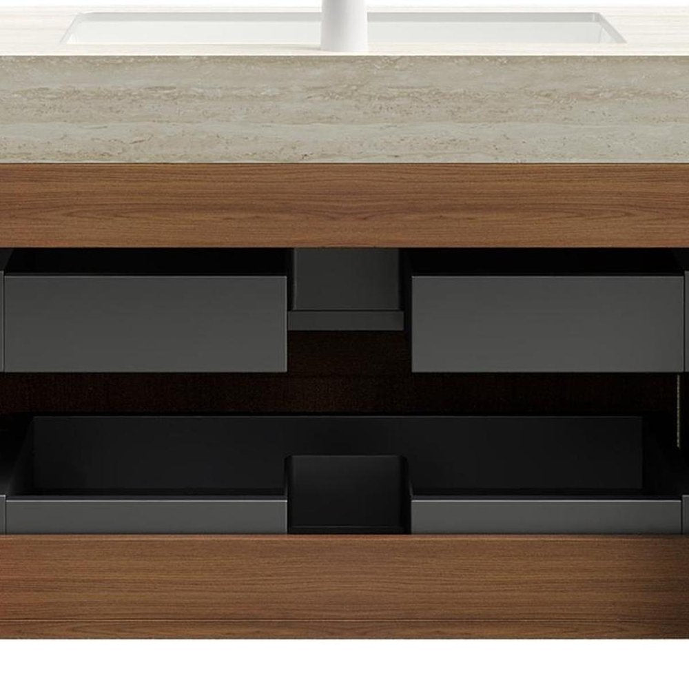 30" Brown Wood Floating Bathroom Vanity With White Sink And Two Drawers