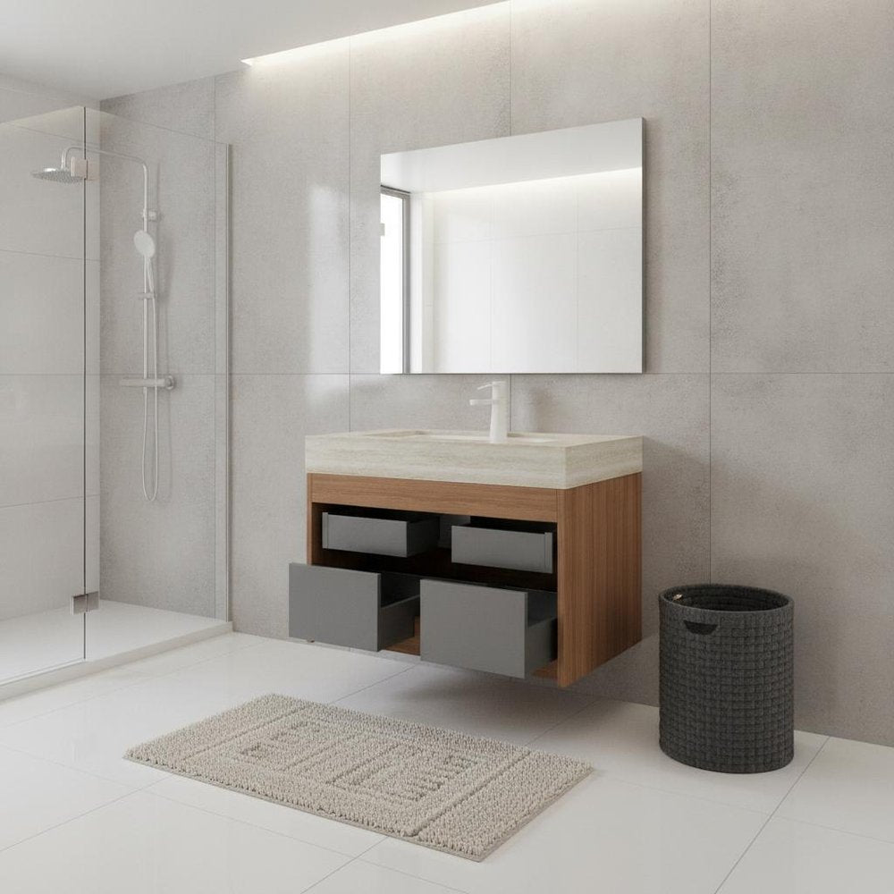 30" Brown Wood Floating Bathroom Vanity With White Sink And Two Drawers