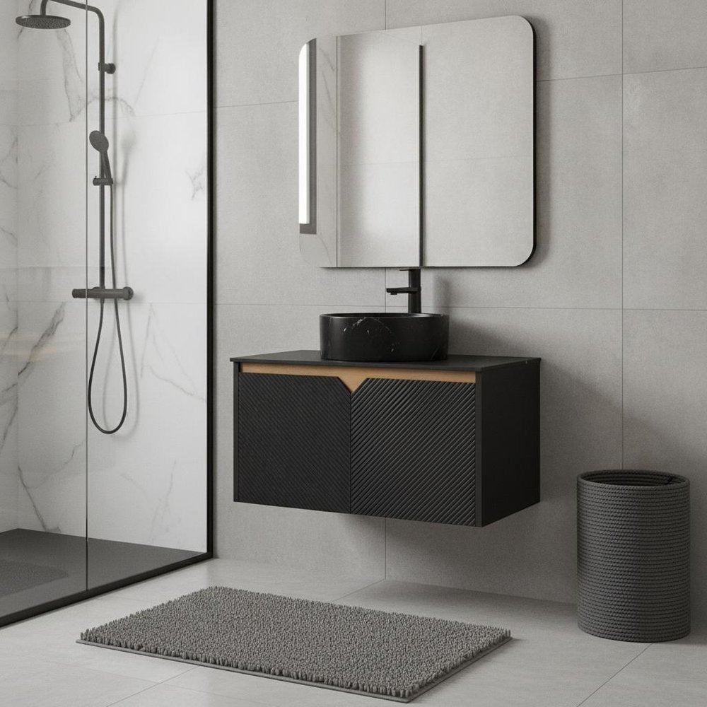 30" Black Wood Floating Double Door Bathroom Vanity With Sink