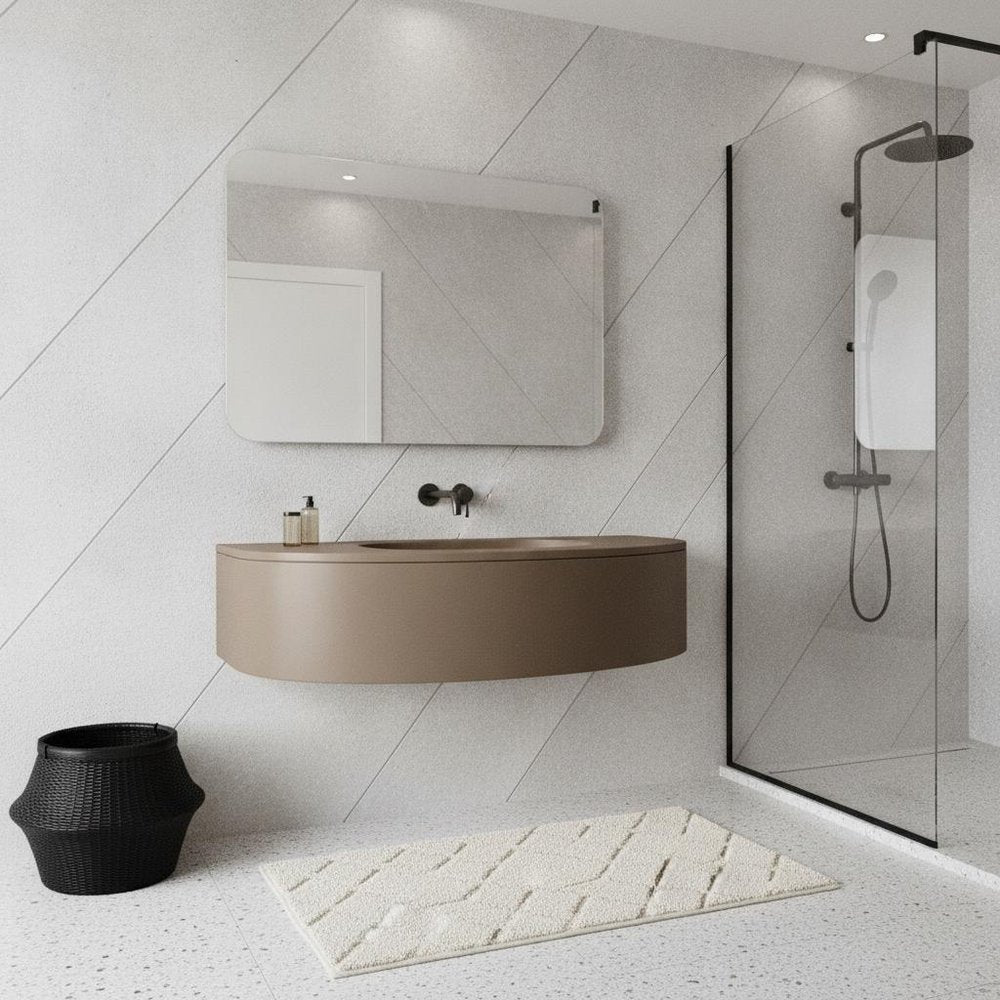 30" Brown Wood Floating Bathroom Vanity With White Sink