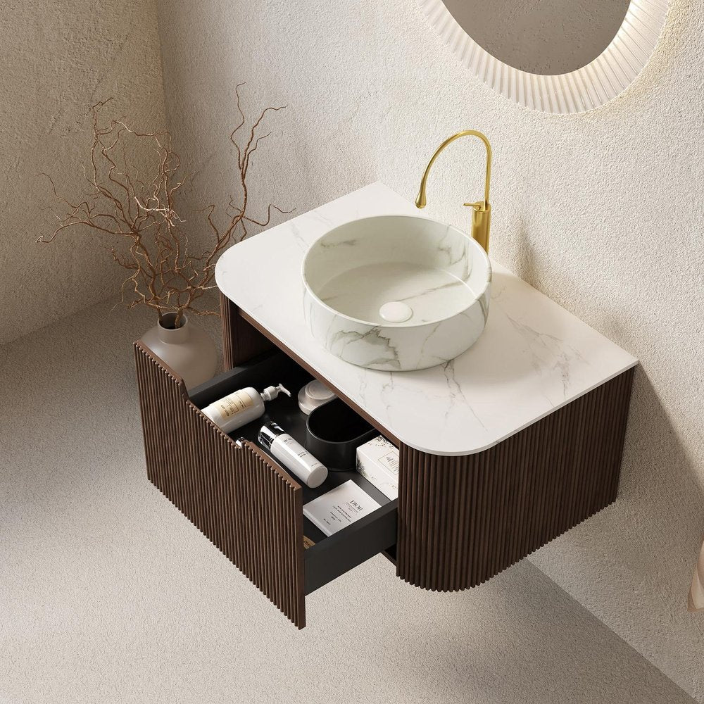 30" Brown Wood Floating Bathroom Vanity With White Sink