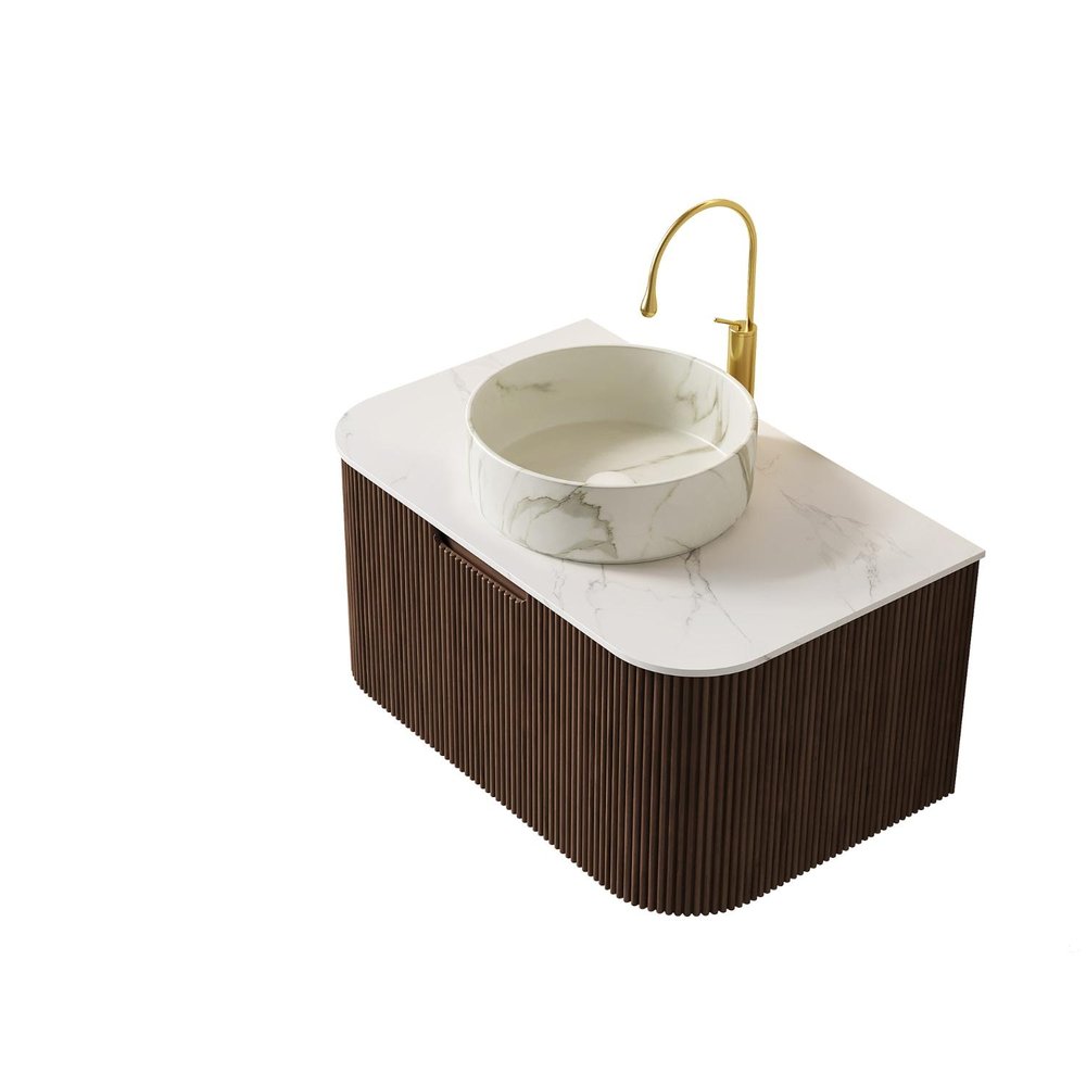 30" Brown Wood Floating Bathroom Vanity With White Sink