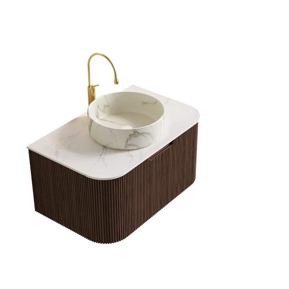 30" Brown Wood Floating Bathroom Vanity With White Sink