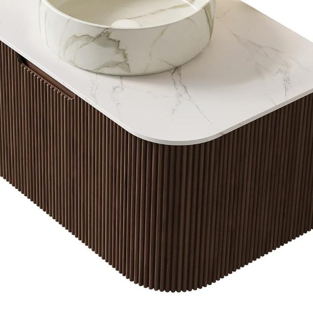 30" Brown Wood Floating Bathroom Vanity With White Sink