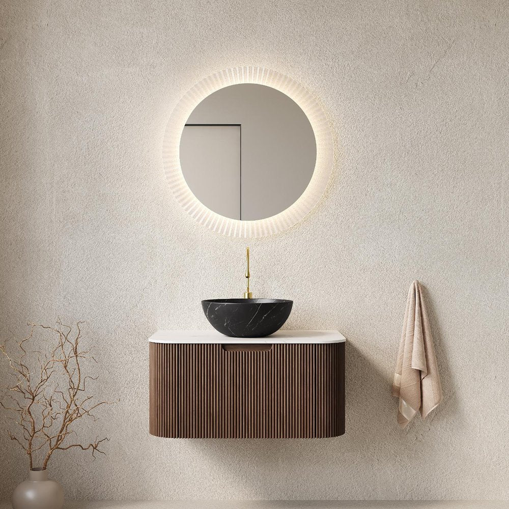 30" Brown Wood Floating Bathroom Vanity With Black Sink