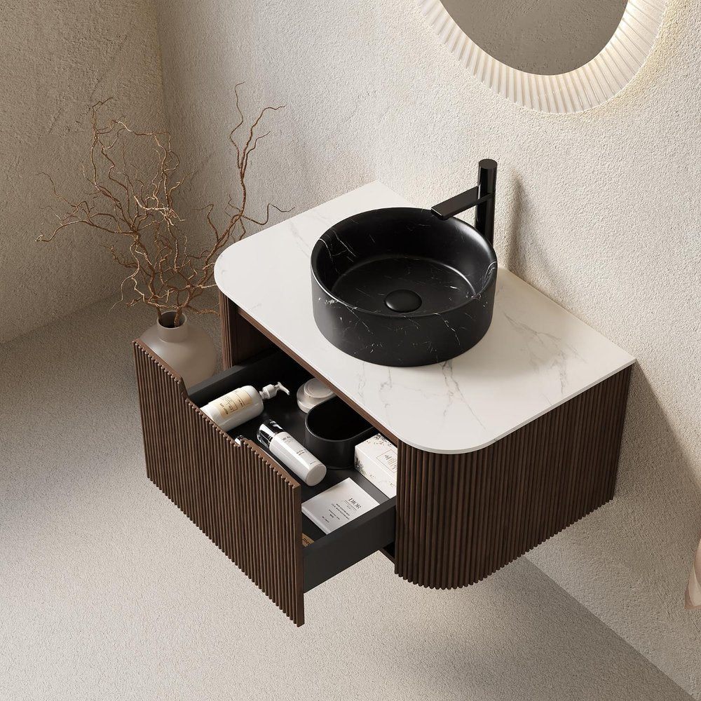30" Brown Wood Floating Bathroom Vanity With Black Sink