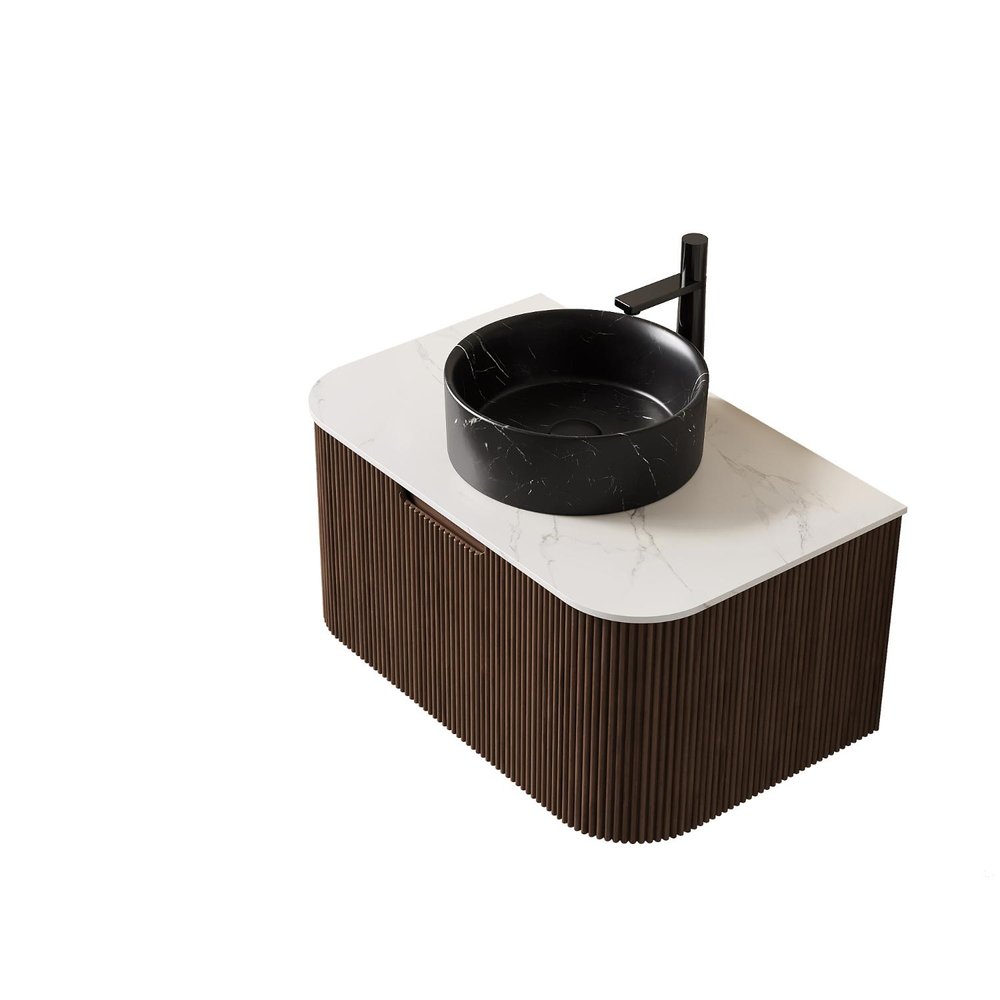 30" Brown Wood Floating Bathroom Vanity With Black Sink