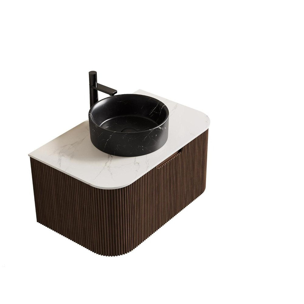 30" Brown Wood Floating Bathroom Vanity With Black Sink