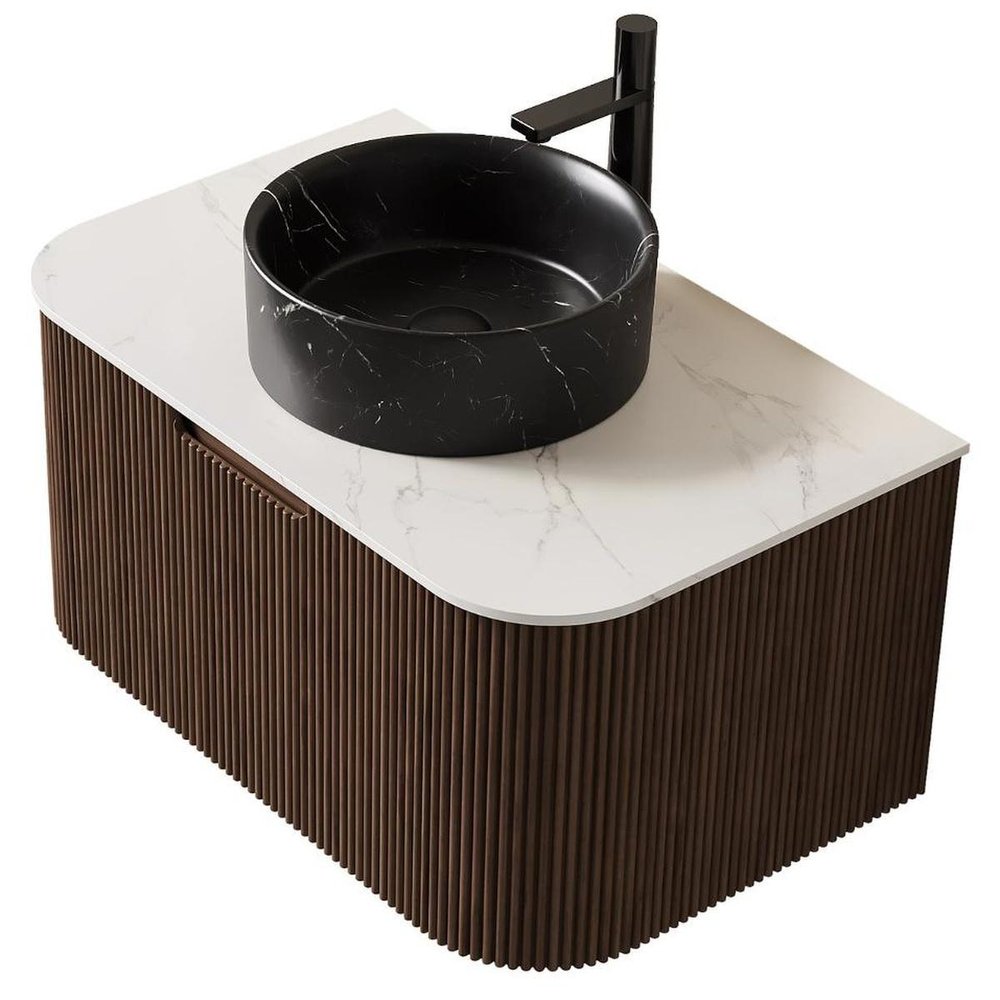 30" Brown Wood Floating Bathroom Vanity With Black Sink