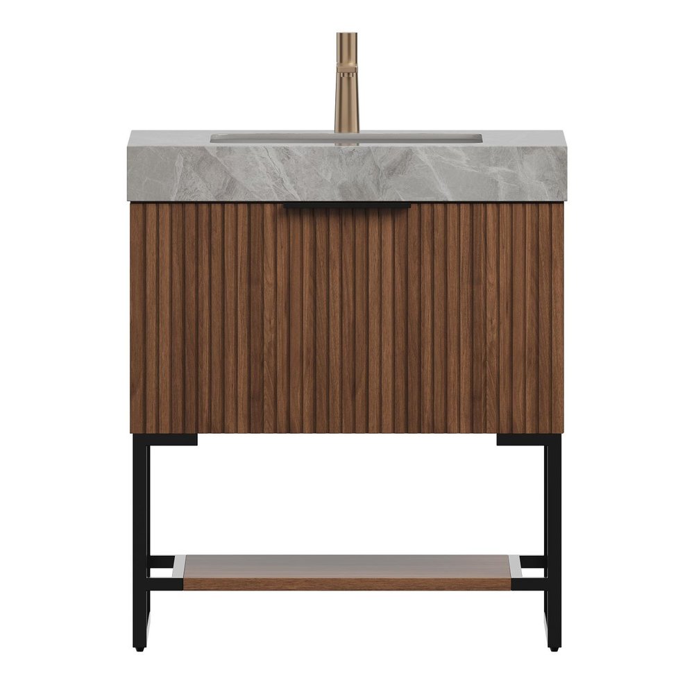 30" Brown Wood Freestanding Bathroom Vanity With White Sink