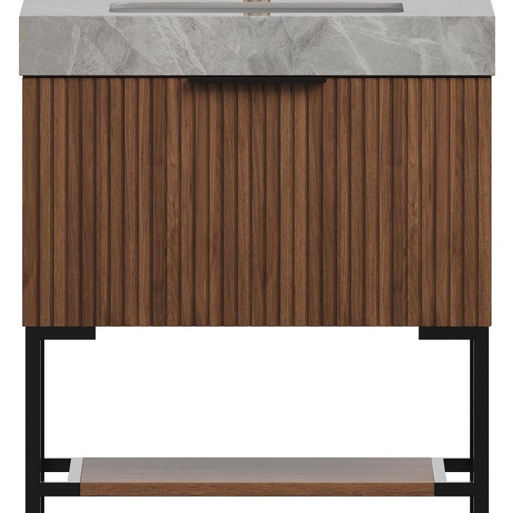 30" Brown Wood Freestanding Bathroom Vanity With White Sink