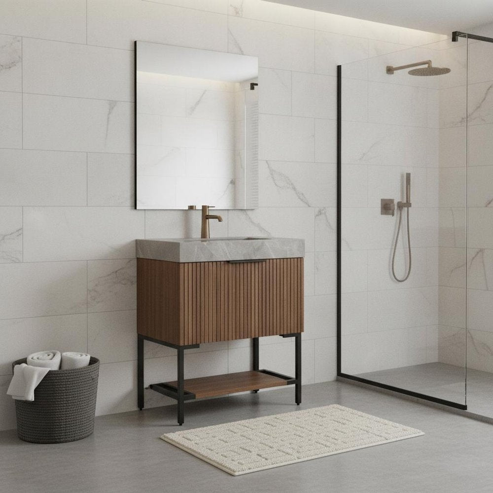 30" Brown Wood Freestanding Bathroom Vanity With White Sink