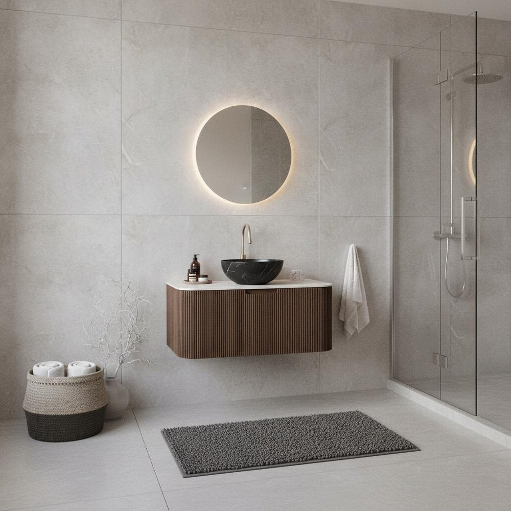 36" Brown Wood Floating Bathroom Vanity With Black Sink