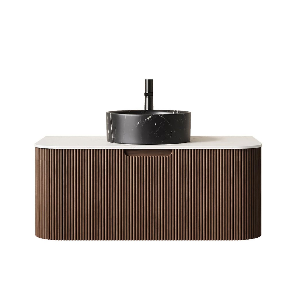 36" Brown Wood Floating Bathroom Vanity With Black Sink