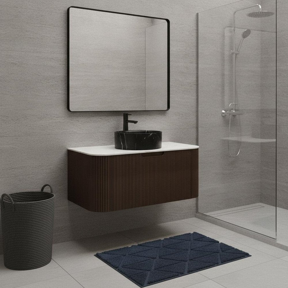 36" Brown Wood Floating Bathroom Vanity With Black Sink